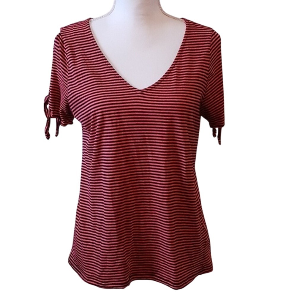 MICHAEL Michael Kors Striped Cold Shoulder Tie Sleeve V-neck‎ Top T-shirt Size S